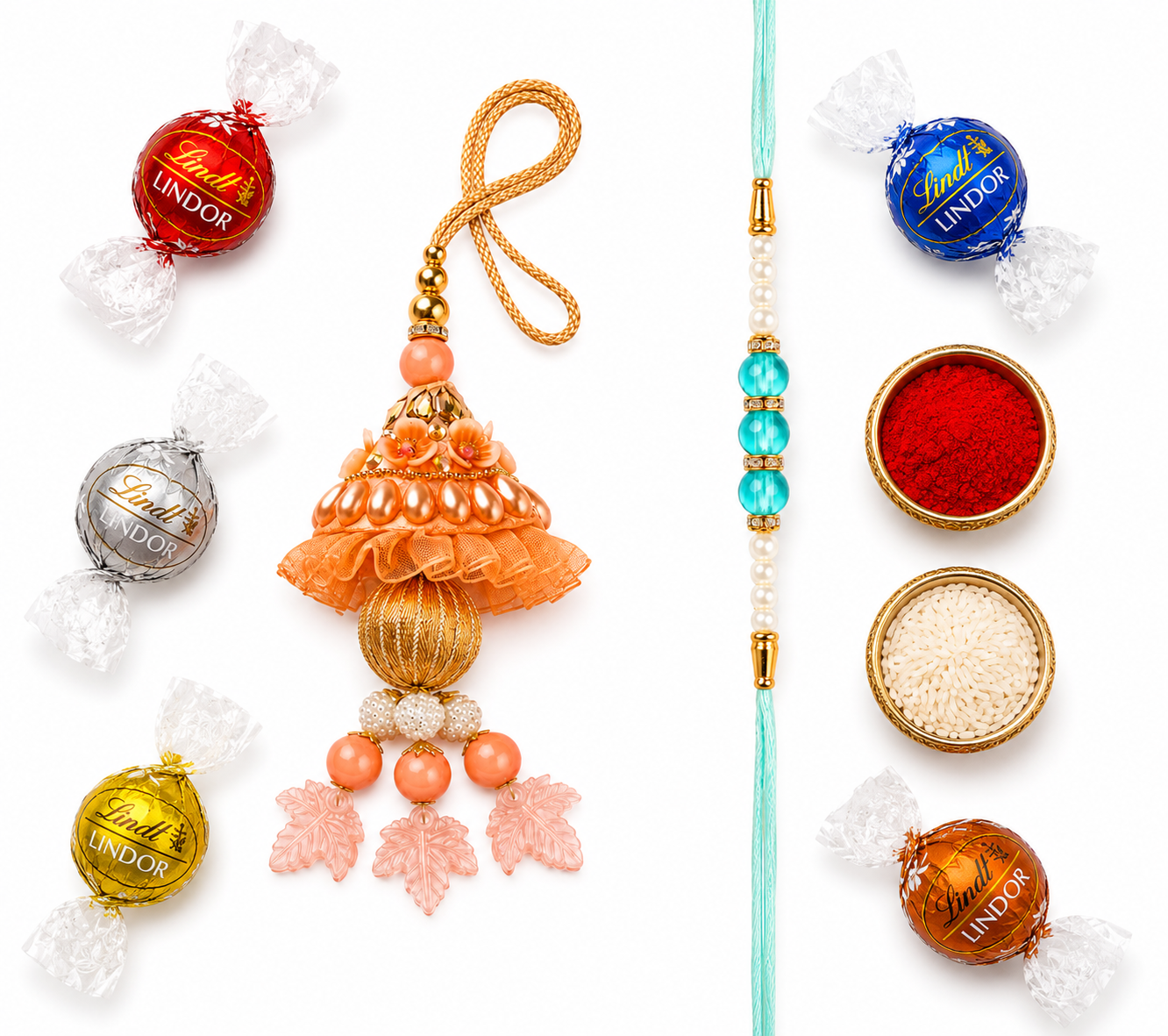 Blue Beaded Rakhi & Peach Designer Lumba Rakhi Combo with 5 Chocolates