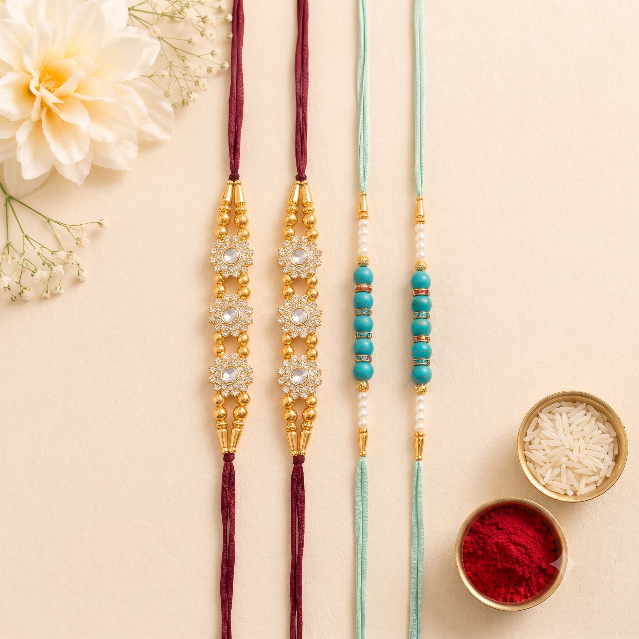 Blue Beads Pearl Gold & Crystal Rakhi Set Combo | Premium Designer Rakhi for Brother