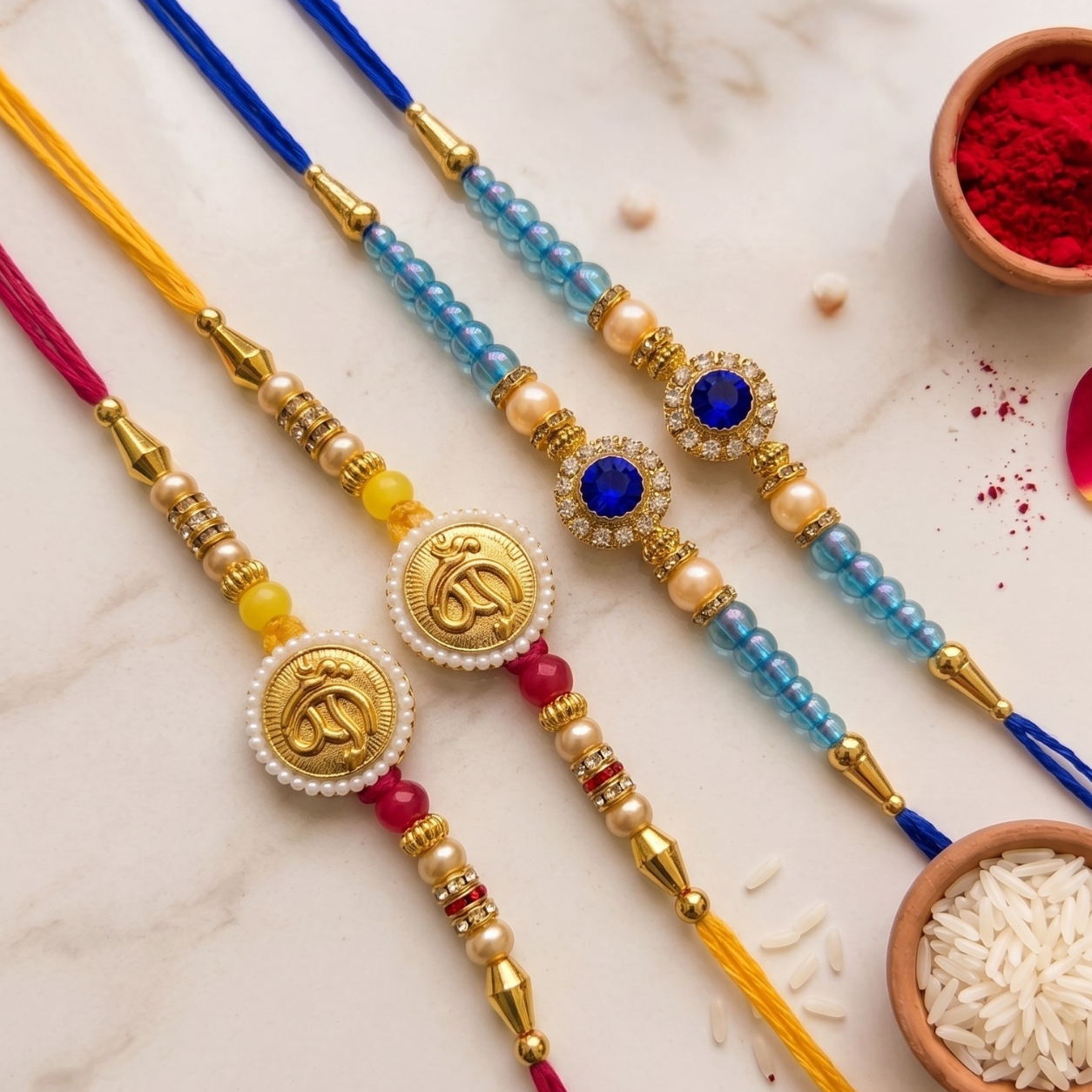Blue Sapphire Pearl & Ek Omkar Rakhi Set Combo | Spiritual Designer Rakhi