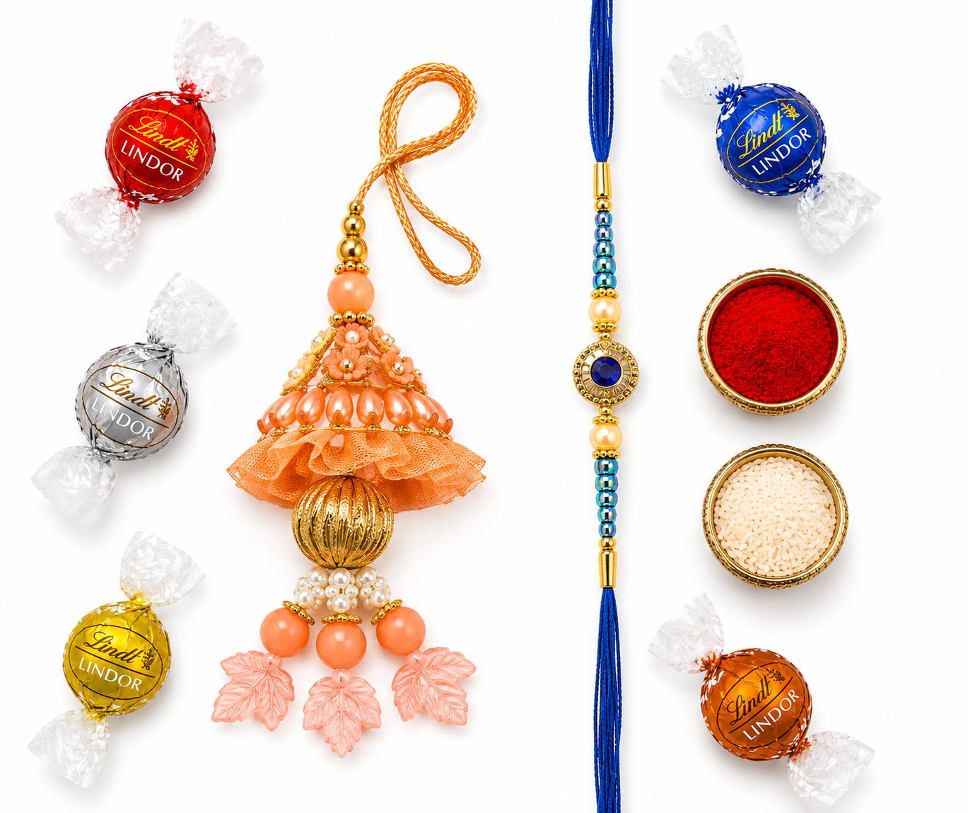 Blue Stone Rakhi & Peach Designer Lumba Rakhi Combo with 5 Chocolates