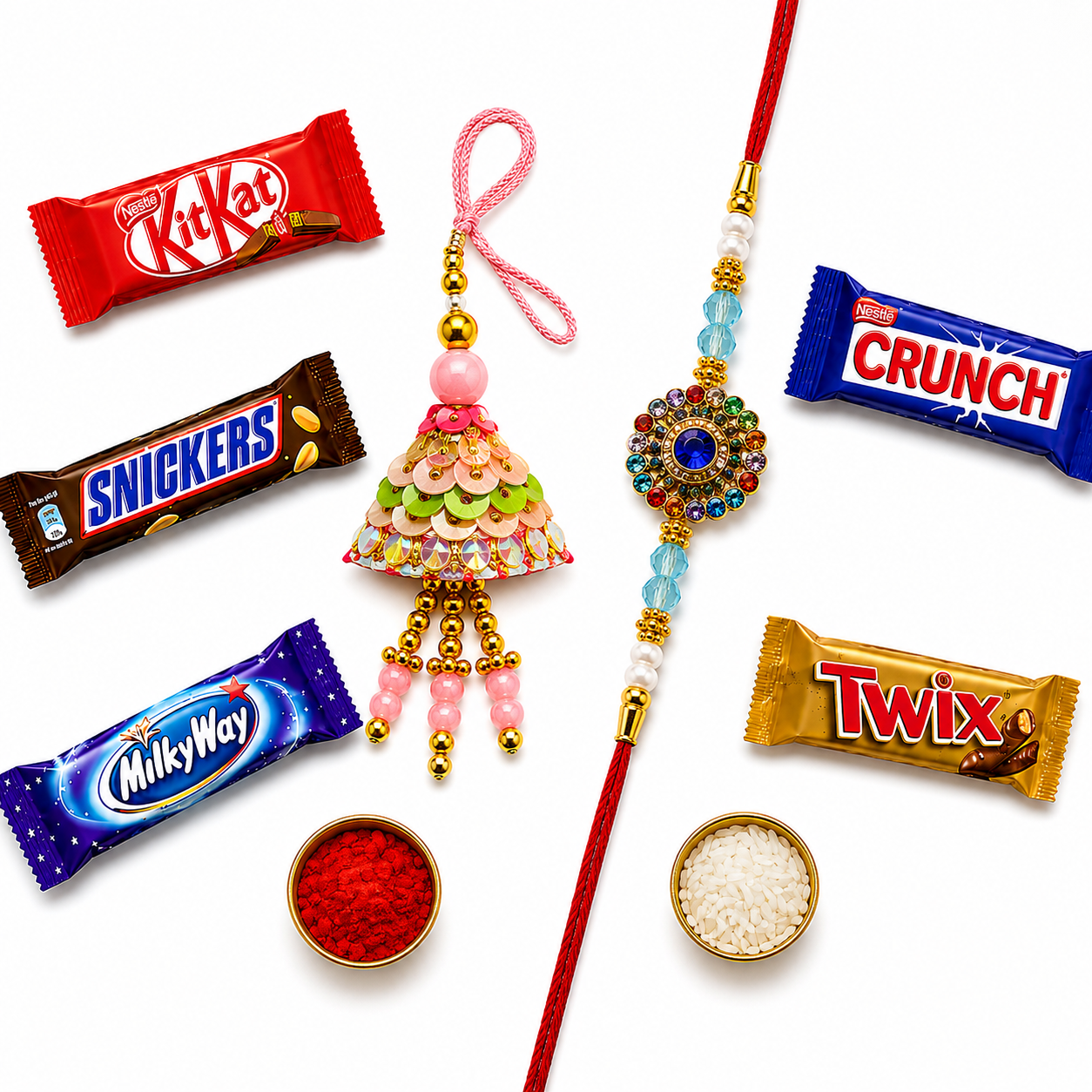 Designer Lumba Rakhi & Multicolor Stone Rakhi Combo with 5 Chocolates — image 1 of 4
