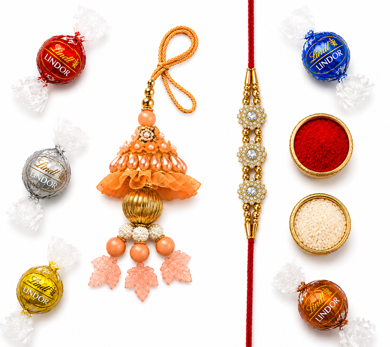Elegant Diamond Rakhi & Peach Designer Lumba Rakhi Combo with 5 Chocolates — image 1 of 4