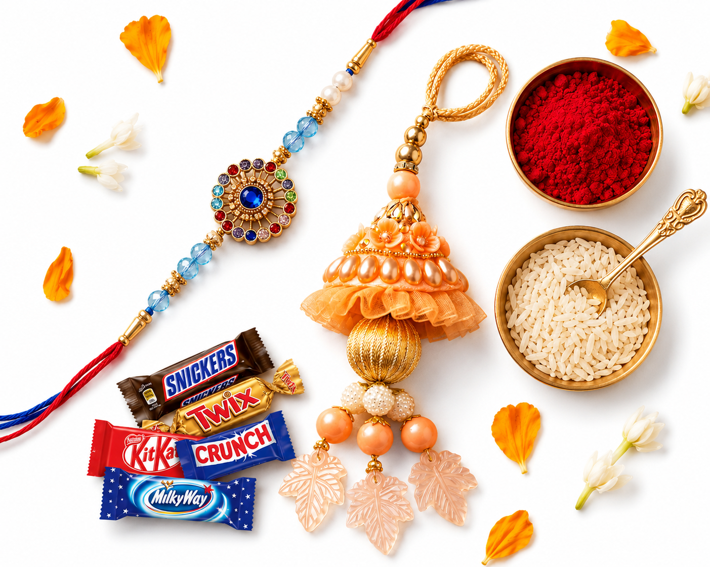 Multicolor Stone Rakhi & Peach Designer Lumba Rakhi Combo with 5 Chocolates — image 1 of 4