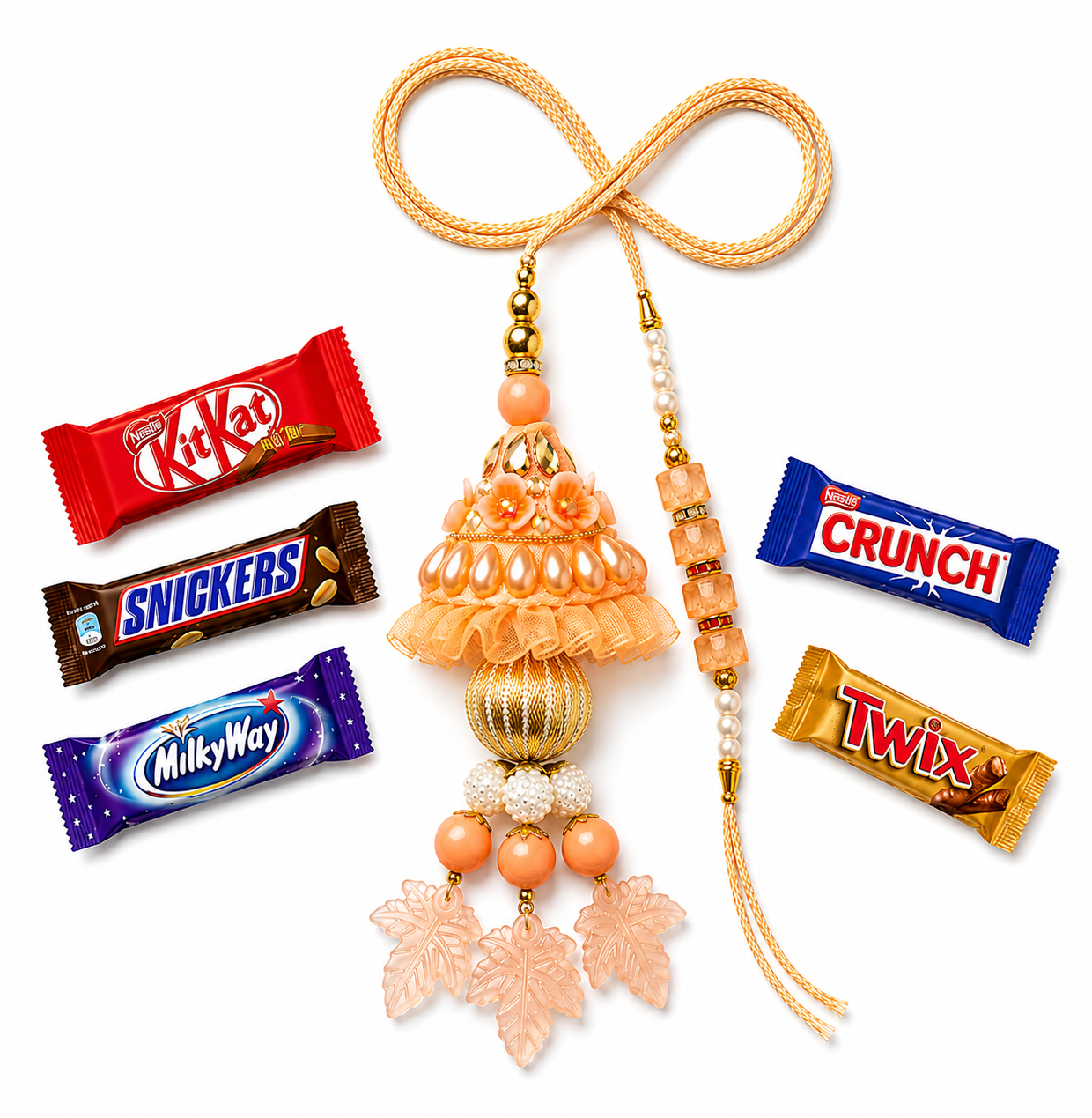 Peach Beaded Rakhi & Peach Designer Lumba Rakhi Combo with 5 Chocolates — image 1 of 4