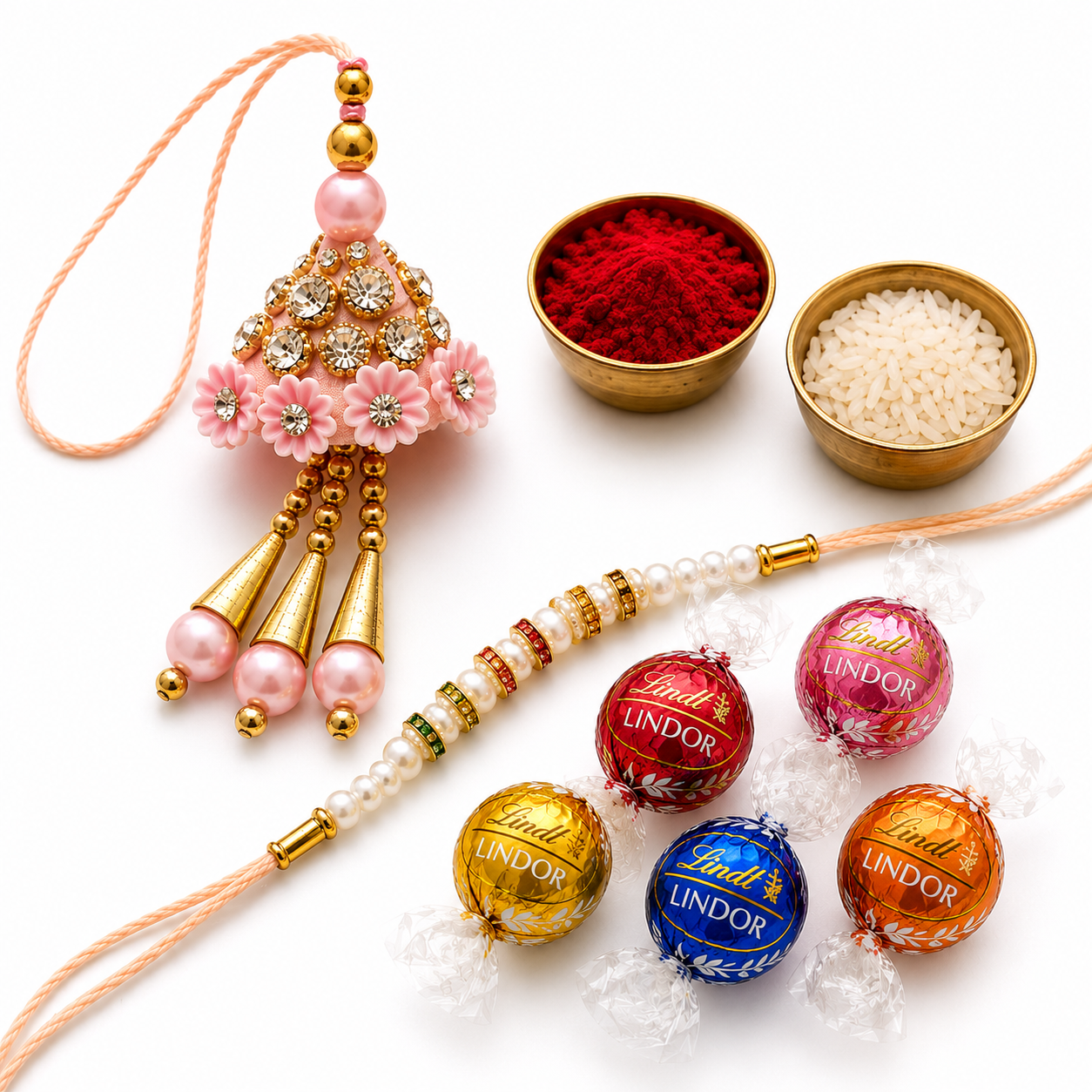 Pearl Beaded Rakhi & Pink Designer Lumba Rakhi Combo with 5 Chocolates — image 1 of 4