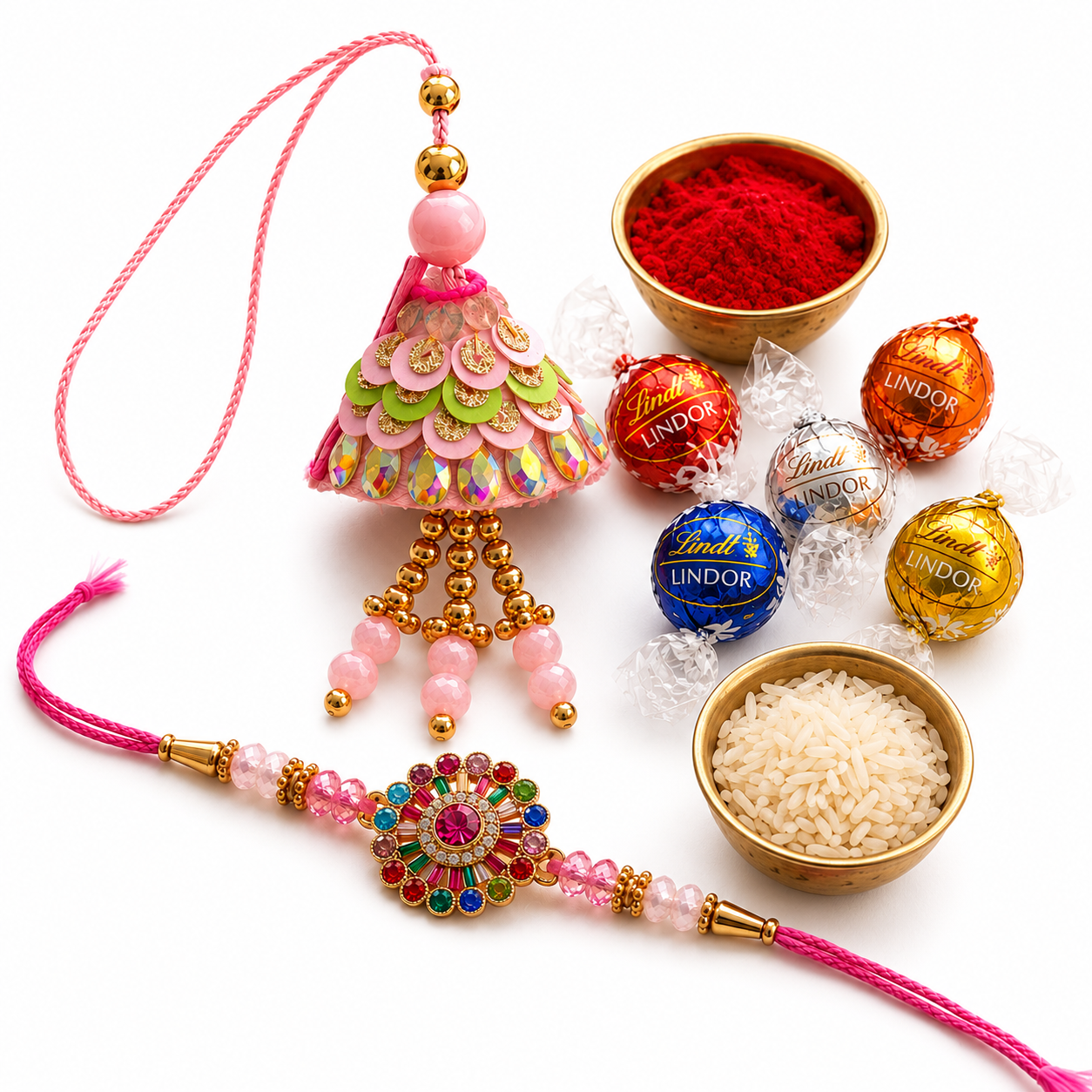 Pink Designer Lumba Rakhi & Multicolor Stone Rakhi Combo with 5 Chocolates — image 1 of 4