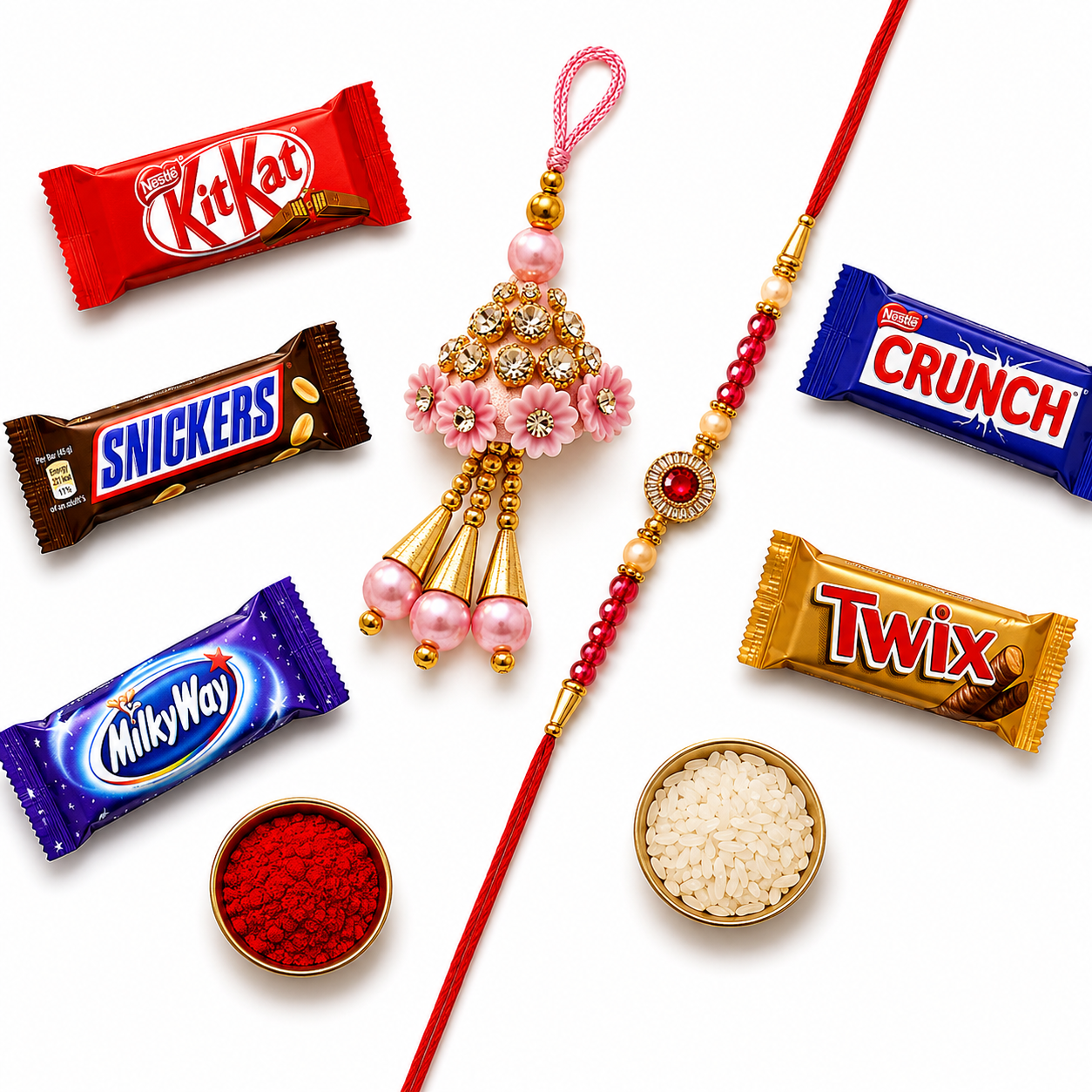 Pink Designer Lumba Rakhi & Red Stone Rakhi Combo with 5 Chocolates — image 1 of 4