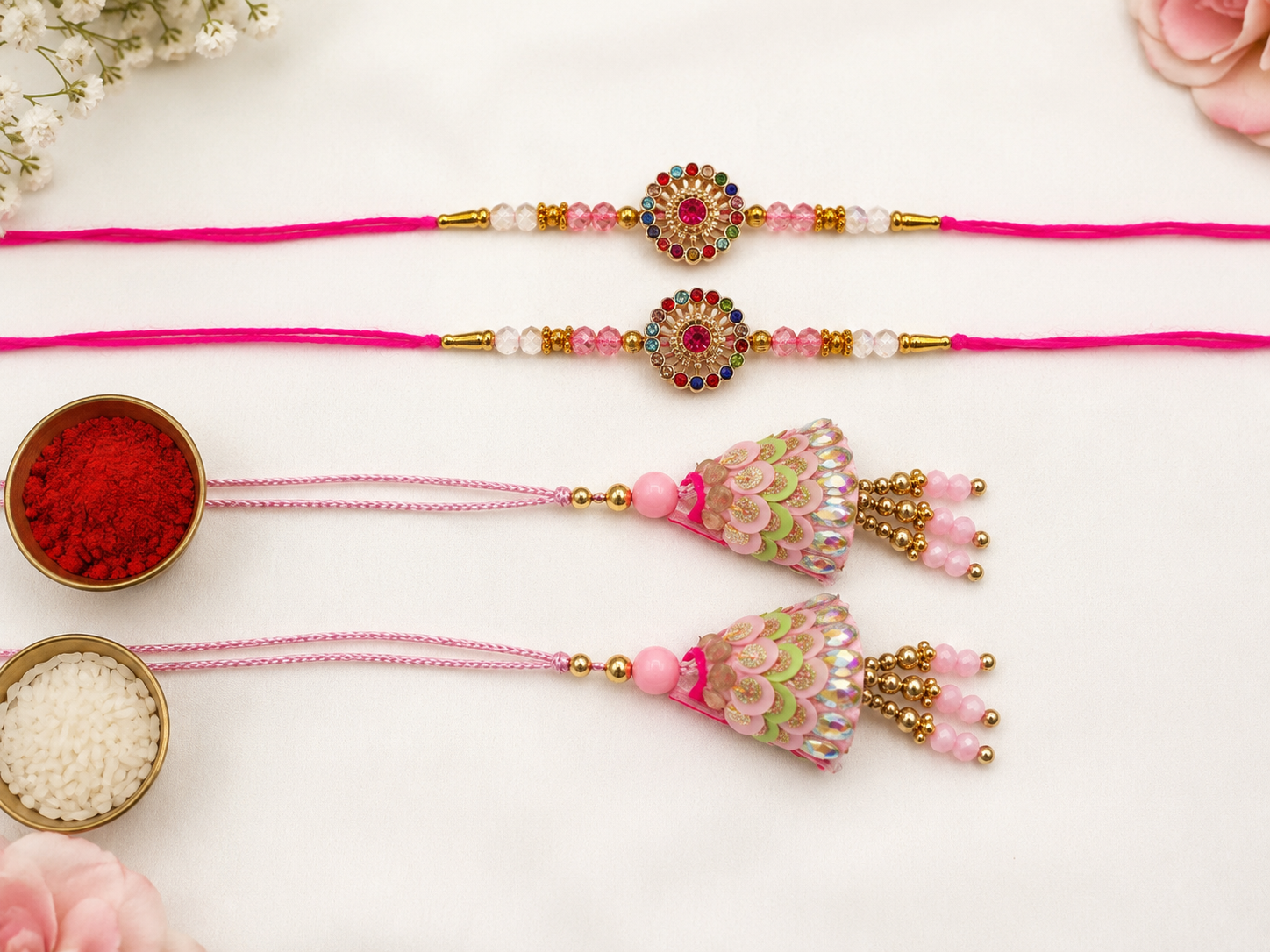 Pink Floral & Multiple Stone Rakhi Combo | Premium Designer Rakhi Set — image 1 of 4