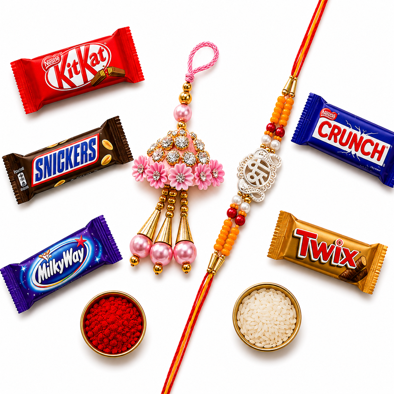 Pink Lumba Rakhi & Silver Om Rakhi Combo with 5 Chocolates — image 1 of 4