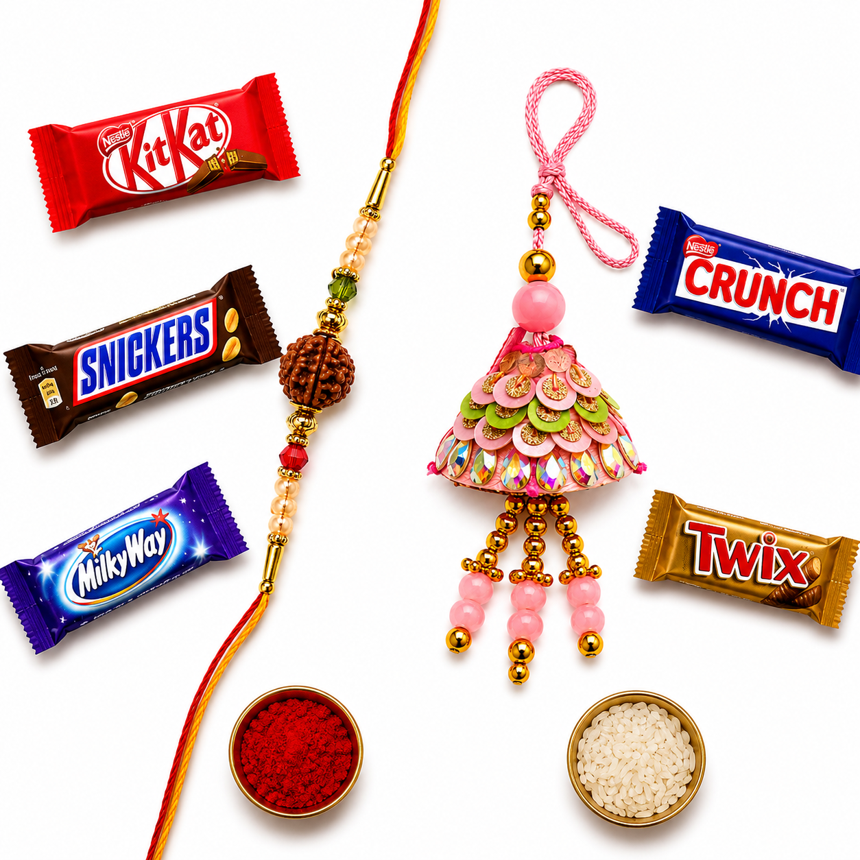 Rudraksha Rakhi & Pink Lumba Rakhi Combo with 5 Chocolates — image 1 of 4