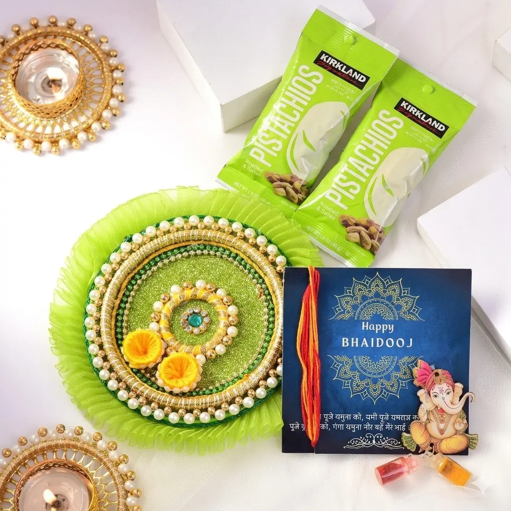 Bhai Dooj Puja Thali & Pistachio Set — image 1 of 4