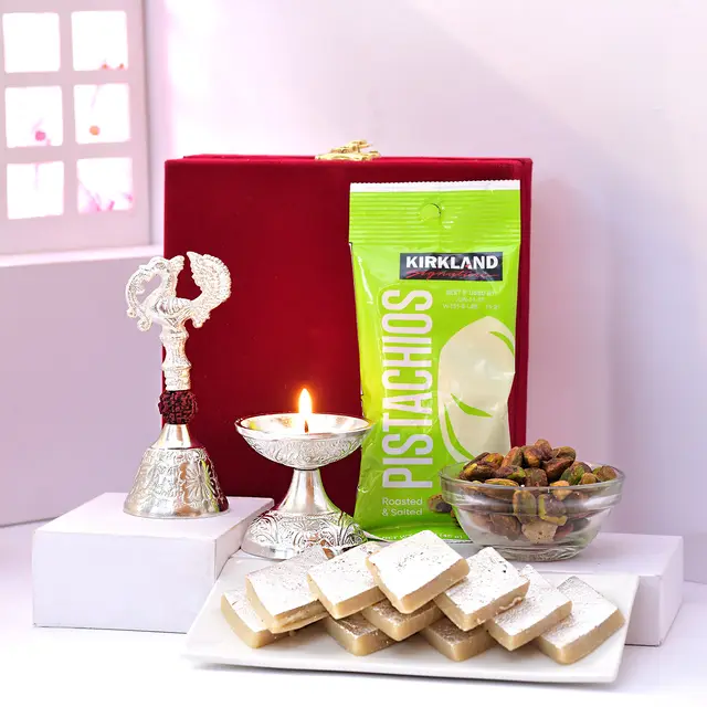 Diwali Metal Pooja Set with Kaju Katli & Pistachios
